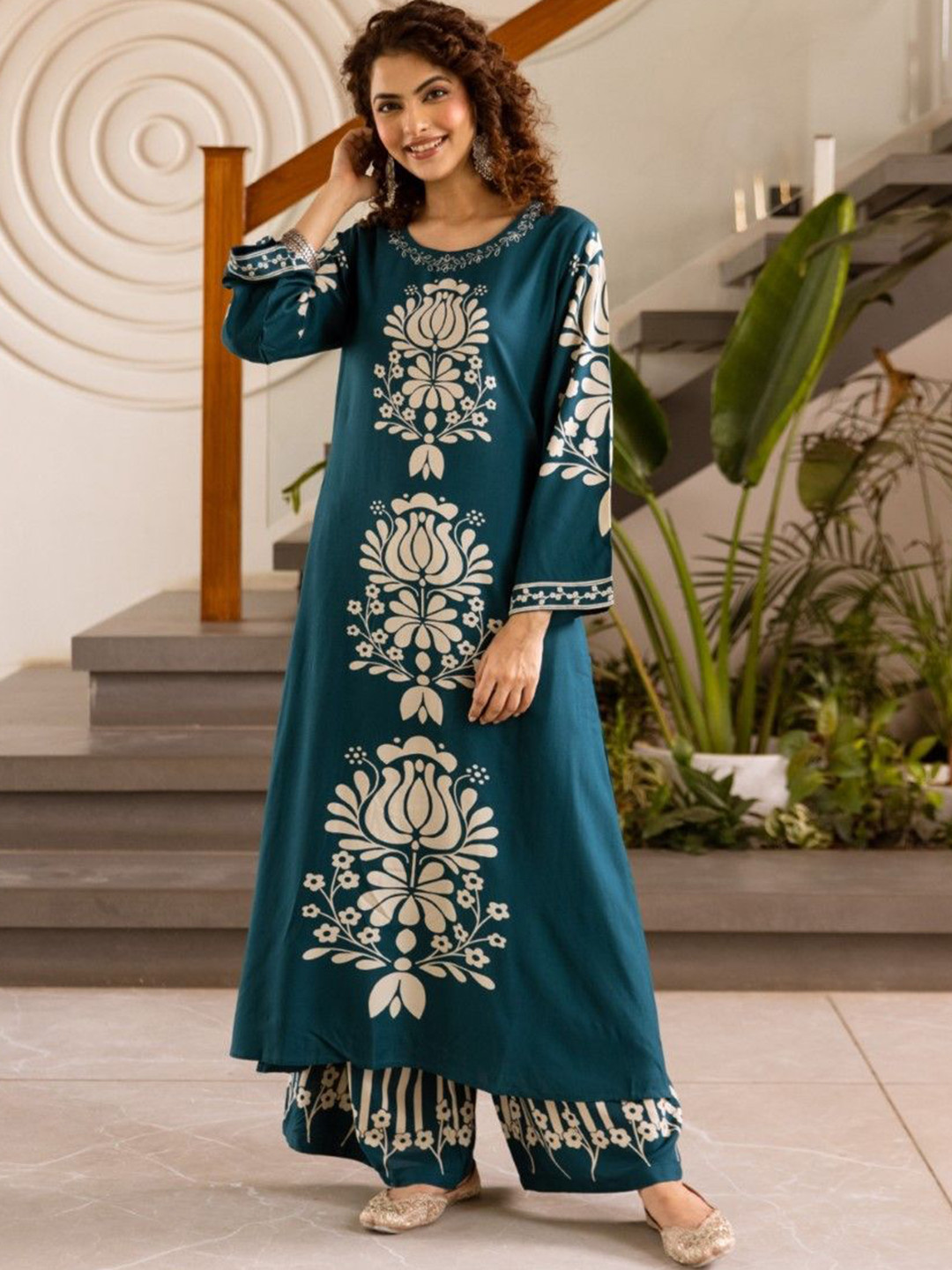 AUTUMN LANE Kabool Azure Floral Printed Round Neck Pure Cotton Kurta With Palazzo