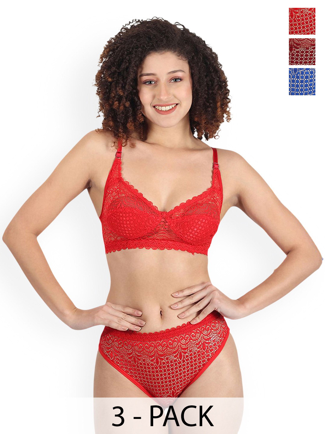 Samvar Pack Of 3 Self-Designed Lingerie Set B-Rain-Set_R,B,M