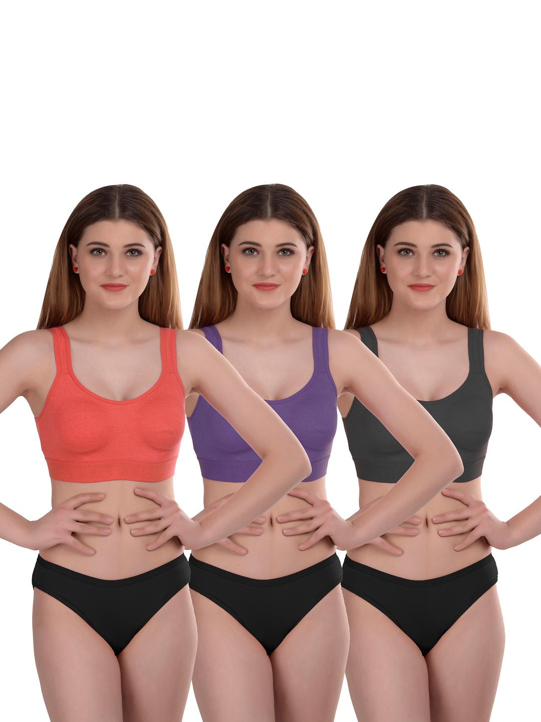 Women Orange,Purple,Black Cotton Bra Panty Set for Lingerie Set Undergarments Pack of 3