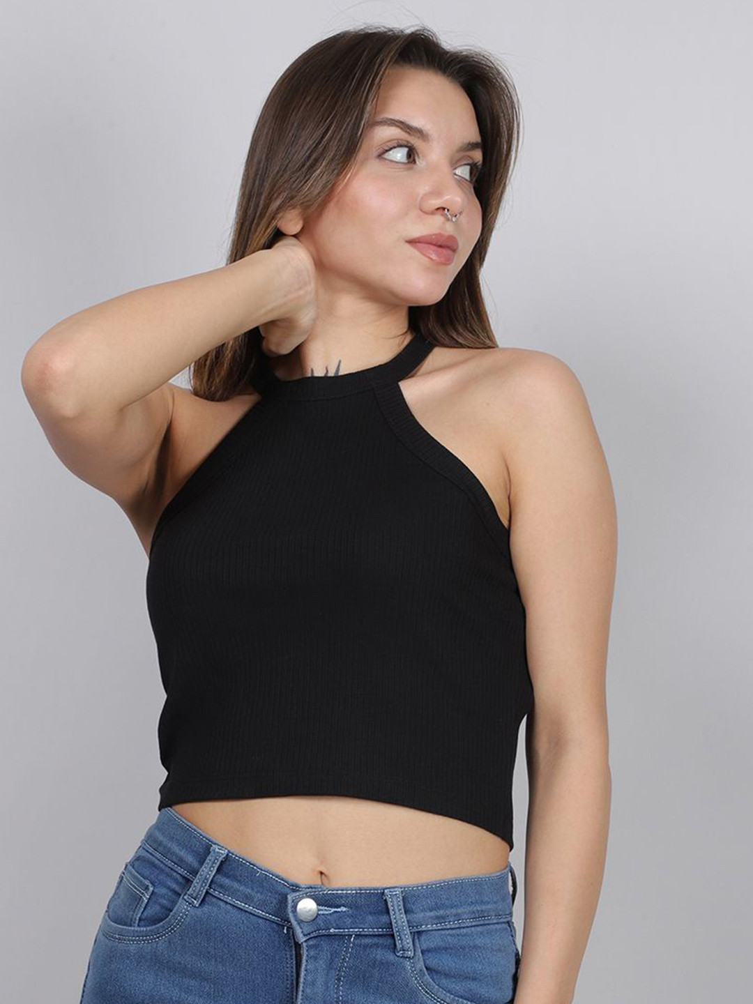 SWISHIN Halter Neck Ribbed Crop Top