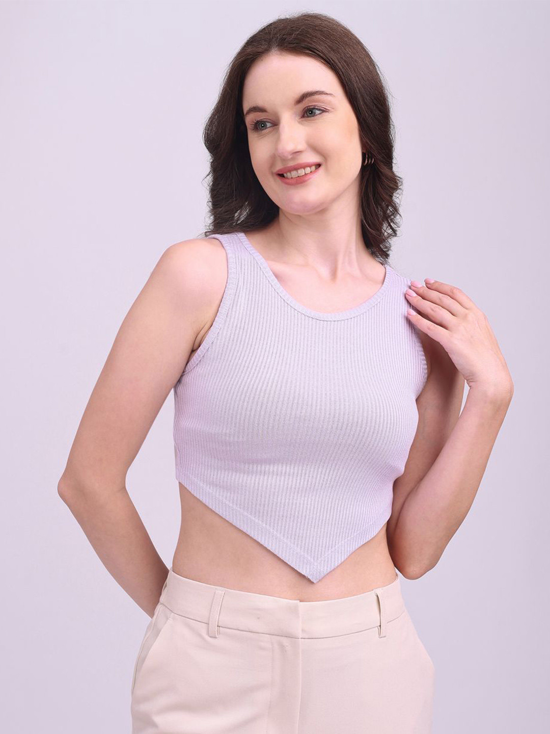 Halff Grey Women Ribbed Round Neck Tank Crop Top