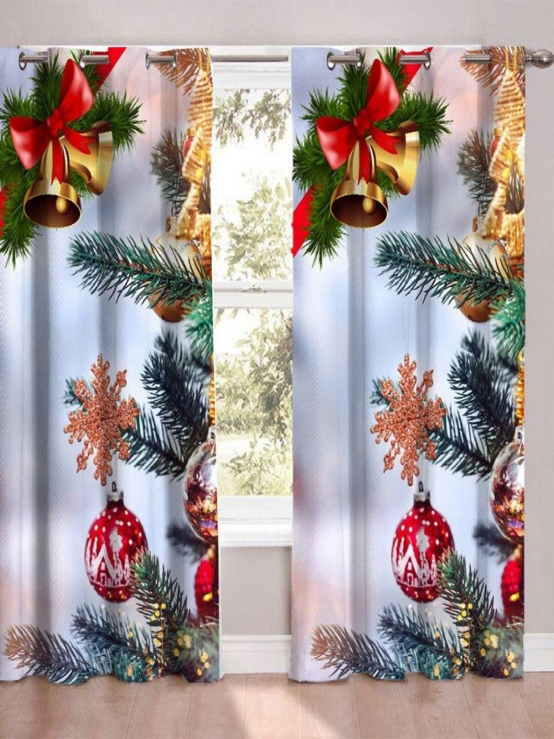 BELLA TRUE White & Green 2 Pieces Merry Christmas Printed Window Curtains