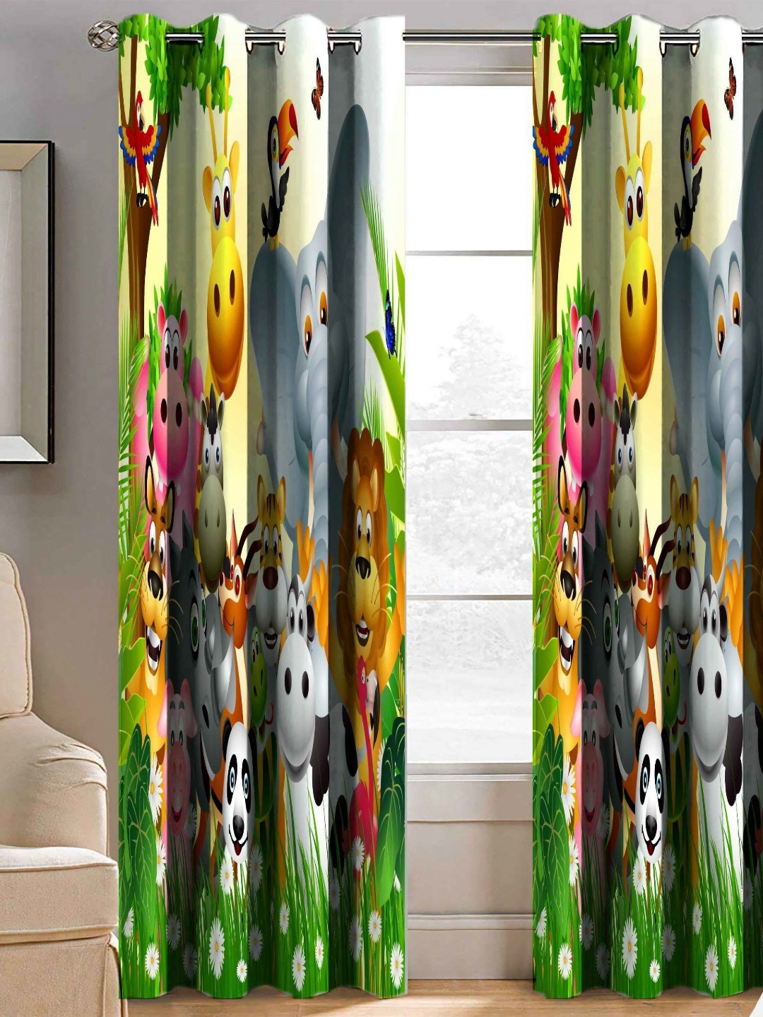 BELLA TRUE 2 Pcs Green & White Graphic Printed Window Curtains