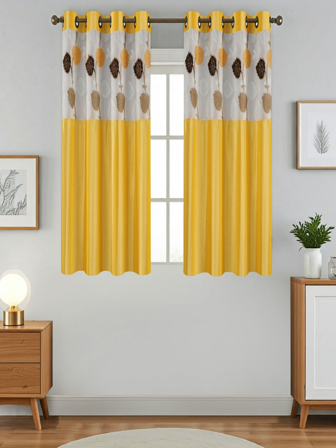 Aura Yellow And White 2 Pieces Floral Printed Sheer Window Curtains