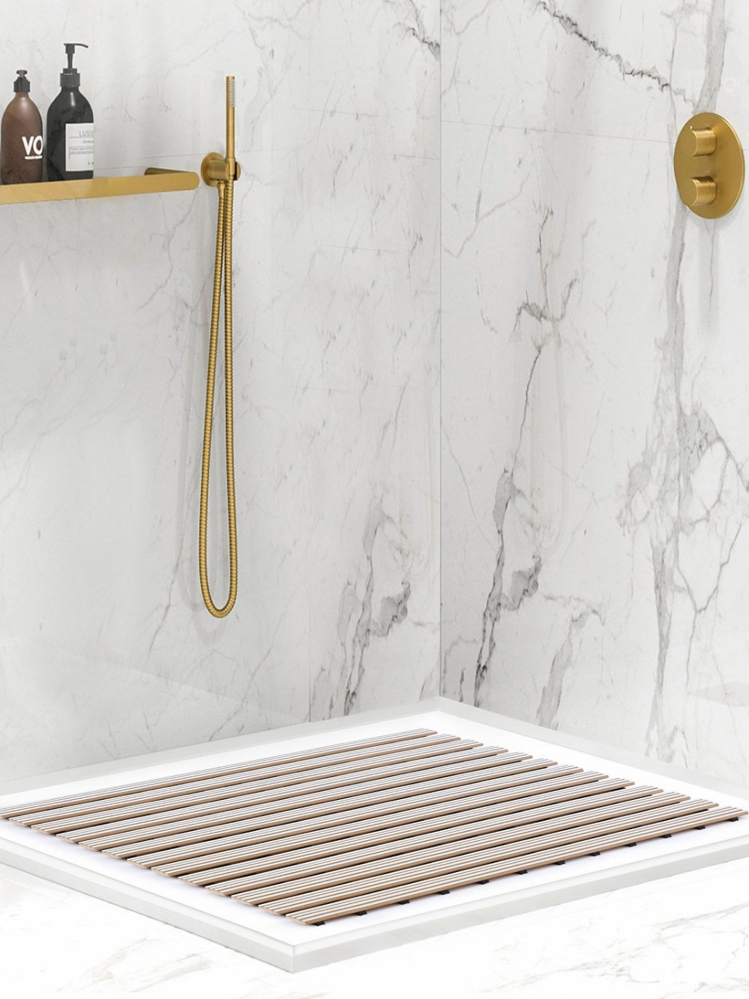 OBSESSIONS Cream-Colored Striped 110 GSM Anti-Skid Bath Rugs