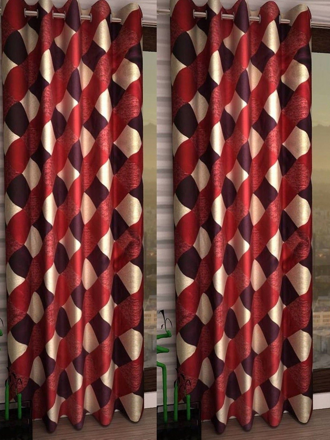 BELLA TRUE Red & Brown 3 Pieces Geometric Black Out Door Curtains