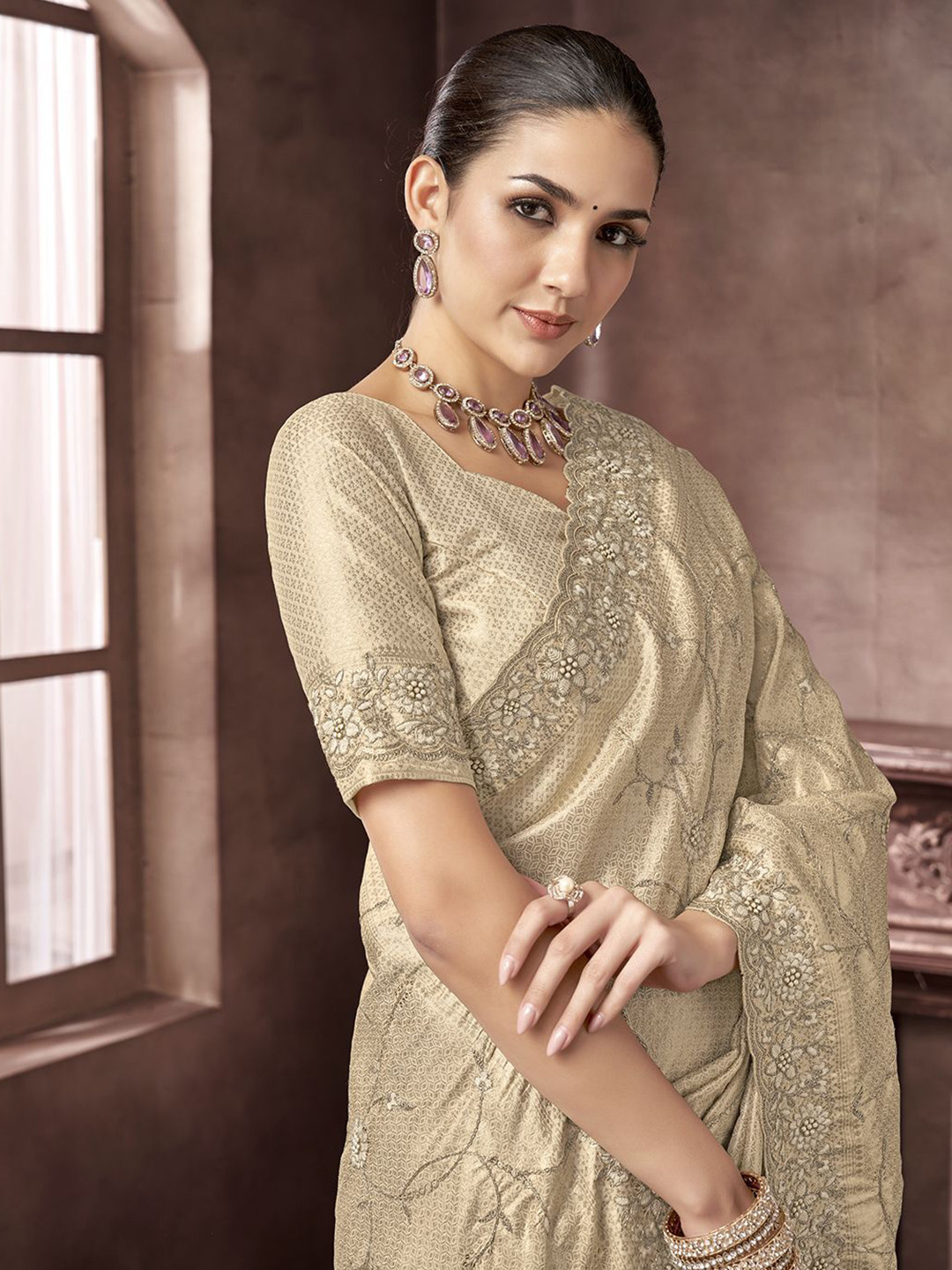 Arron Creats Ethnic Motif Embroidered Beads and Stone Work Saree