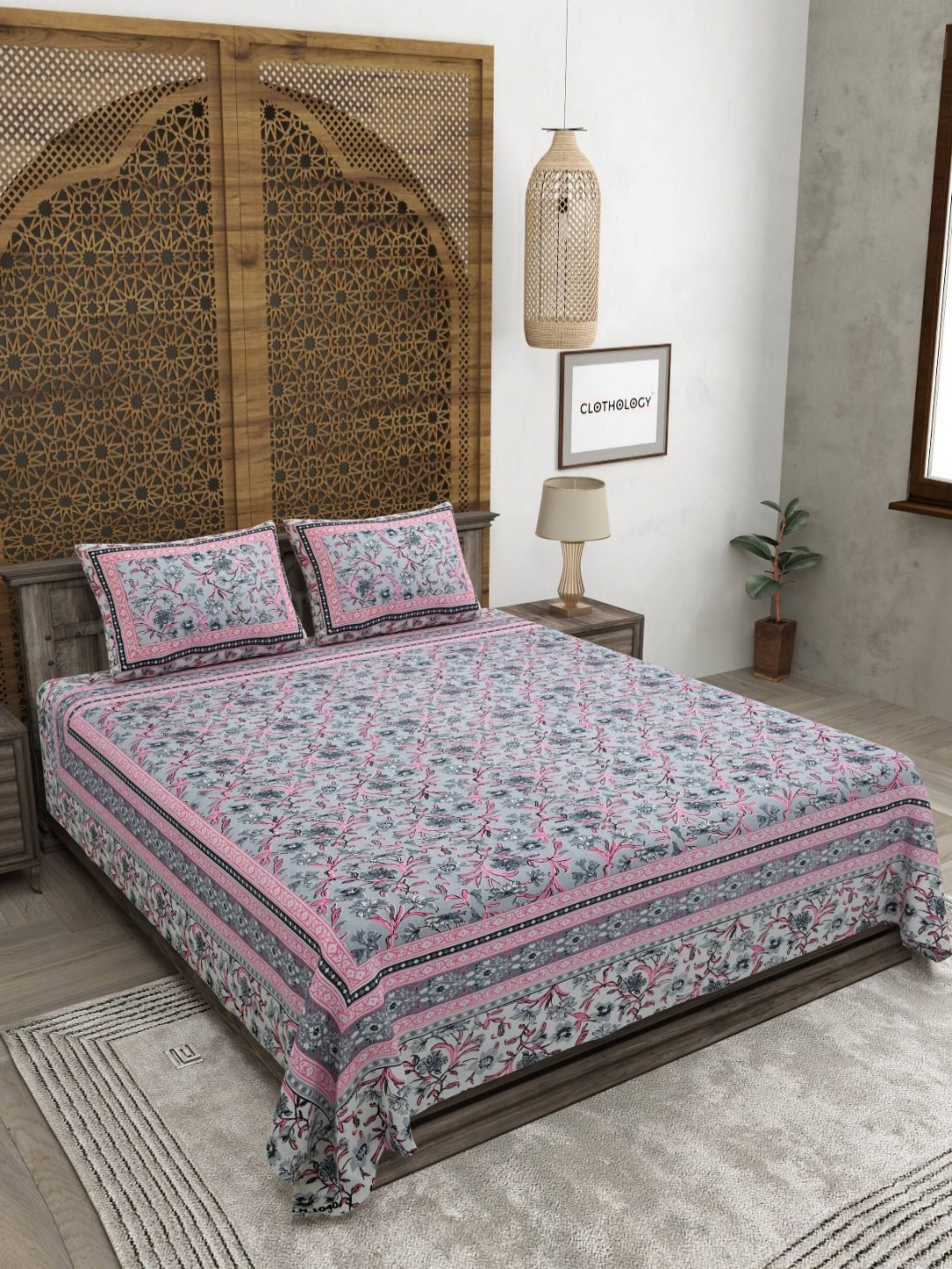 CLOTHOLOGY Silver Grey Sanganeri Motif The Gulzar Edit 180 TC Cotton King Bedsheet with 2 Pillow Cover
