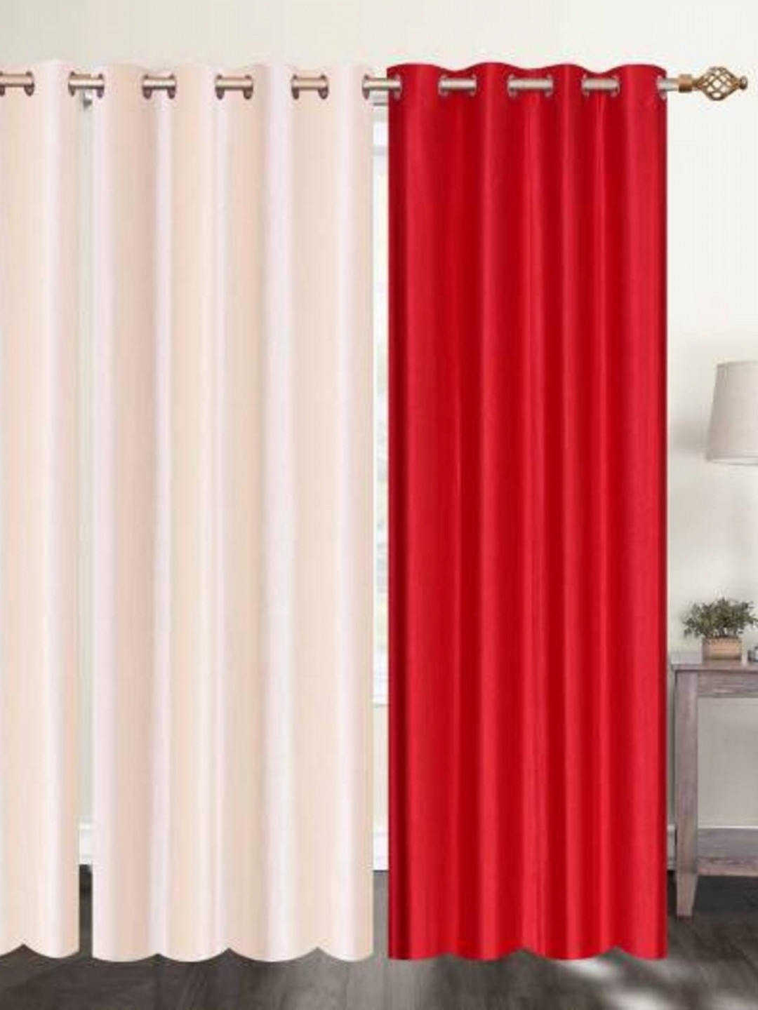 BELLA TRUE Red & Cream-Coloured 4 Pieces Room Darkening Door Curtains