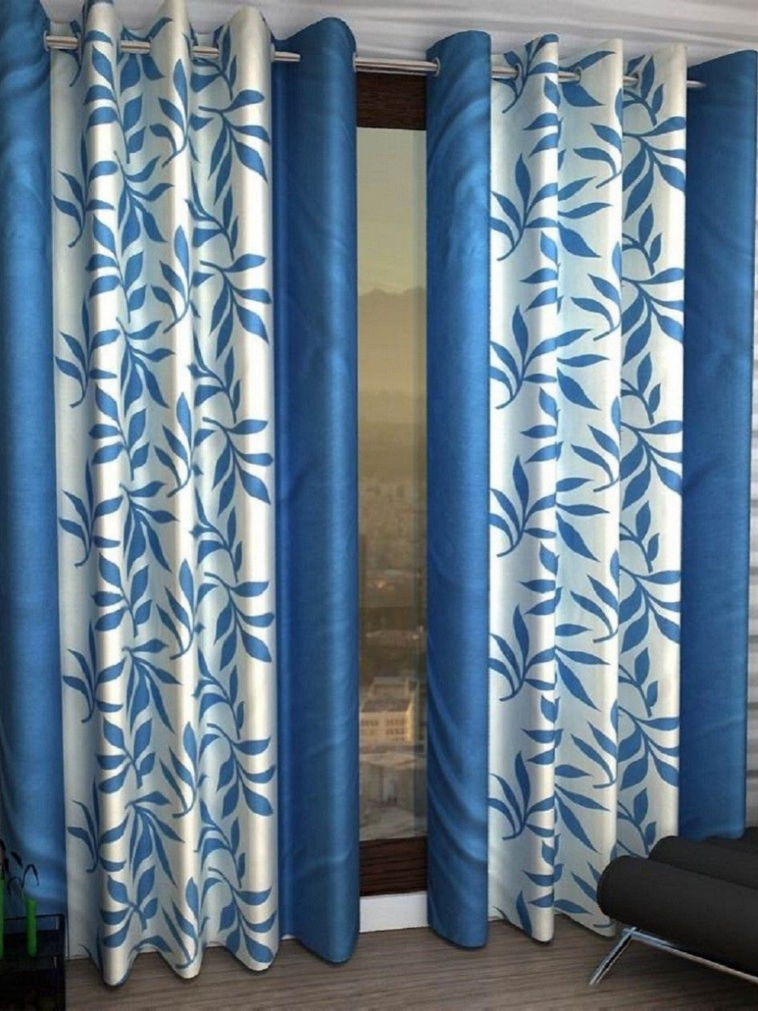 BELLA TRUE Blue & White 2 Pieces Floral Black Out Curtains