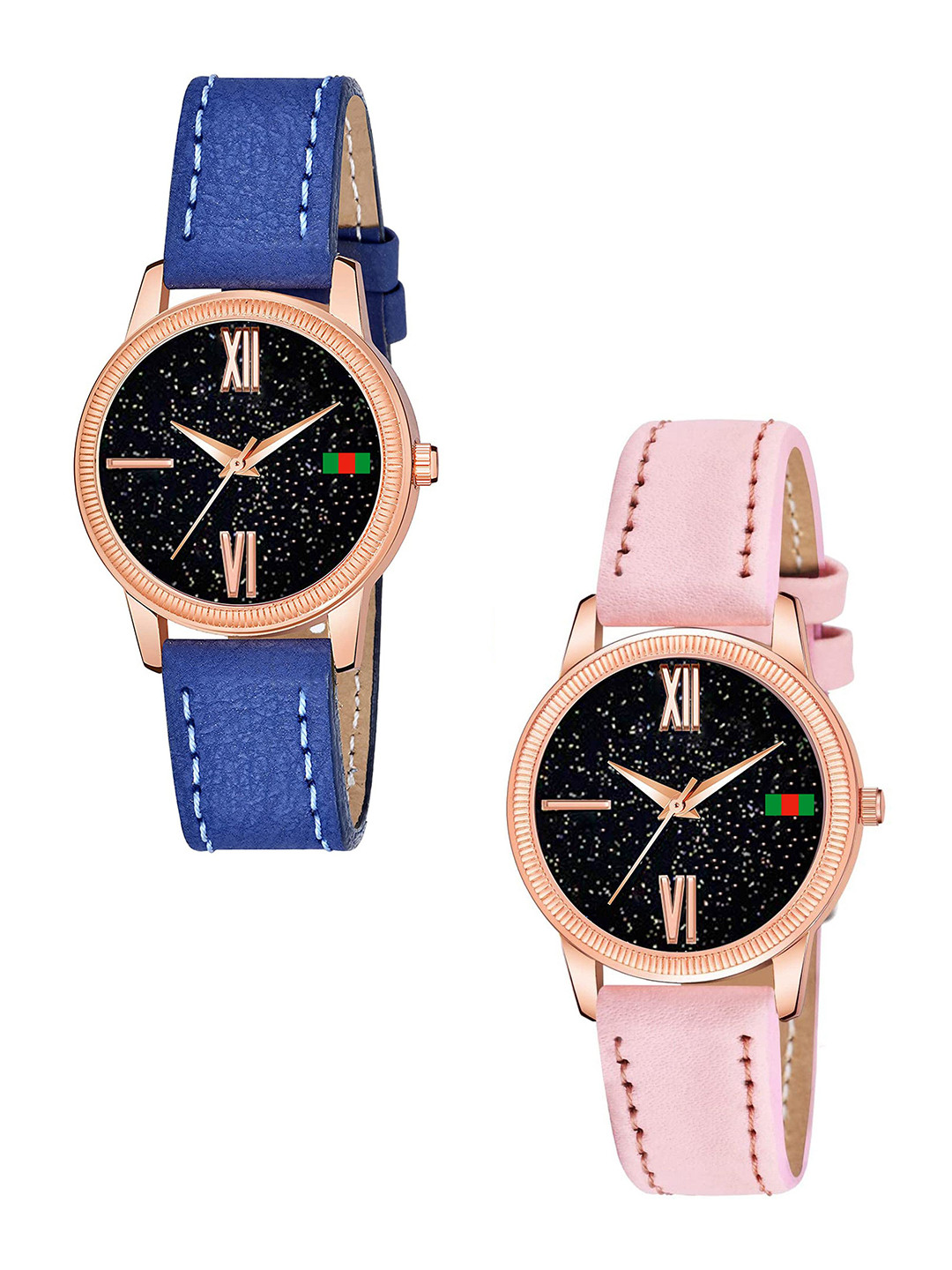Gopal Shopcart Unisex Pack Of 2 Embellished Dial Analogue Watch C25RG Roman BLU PINK L