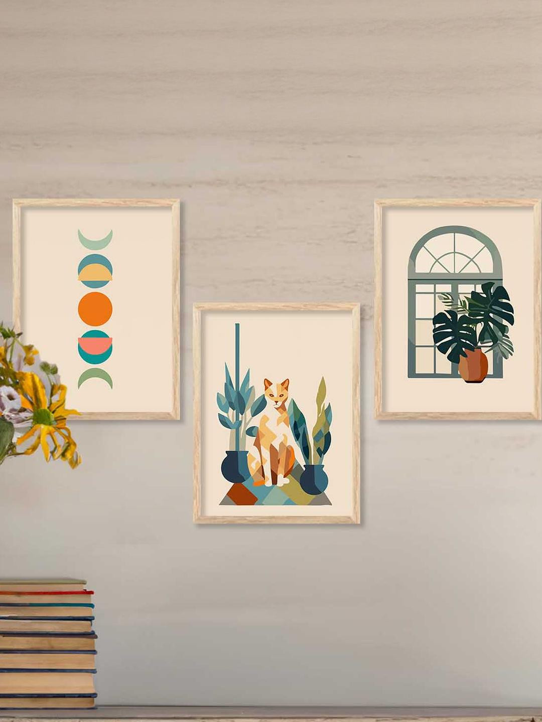 WALLLANE Brown & Orange 3 Piece Wood Wall Paintings