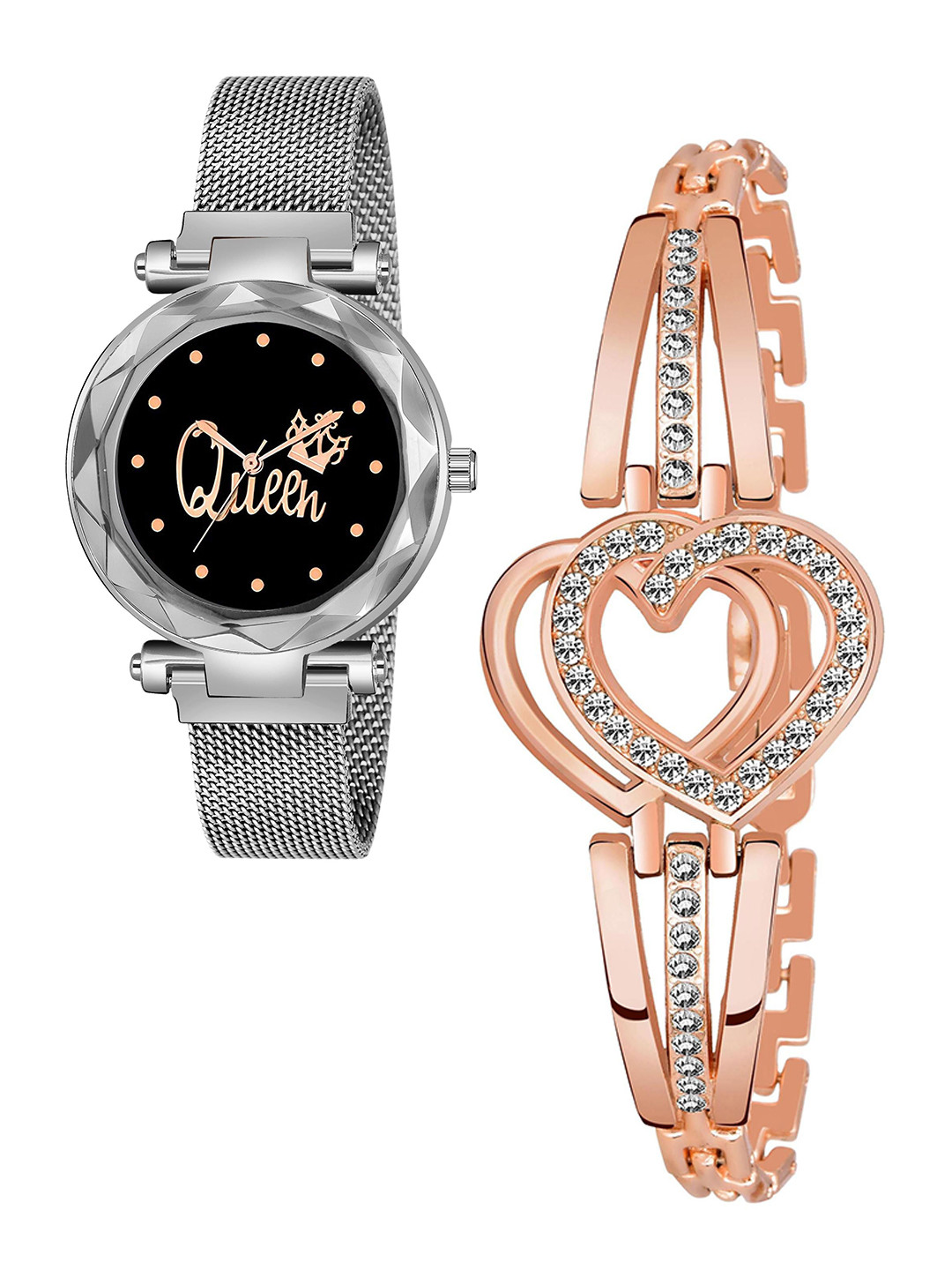 Gopal Shopcart Unisex Analogue Watch & Bracelet Queen Silver maganet Heart copper