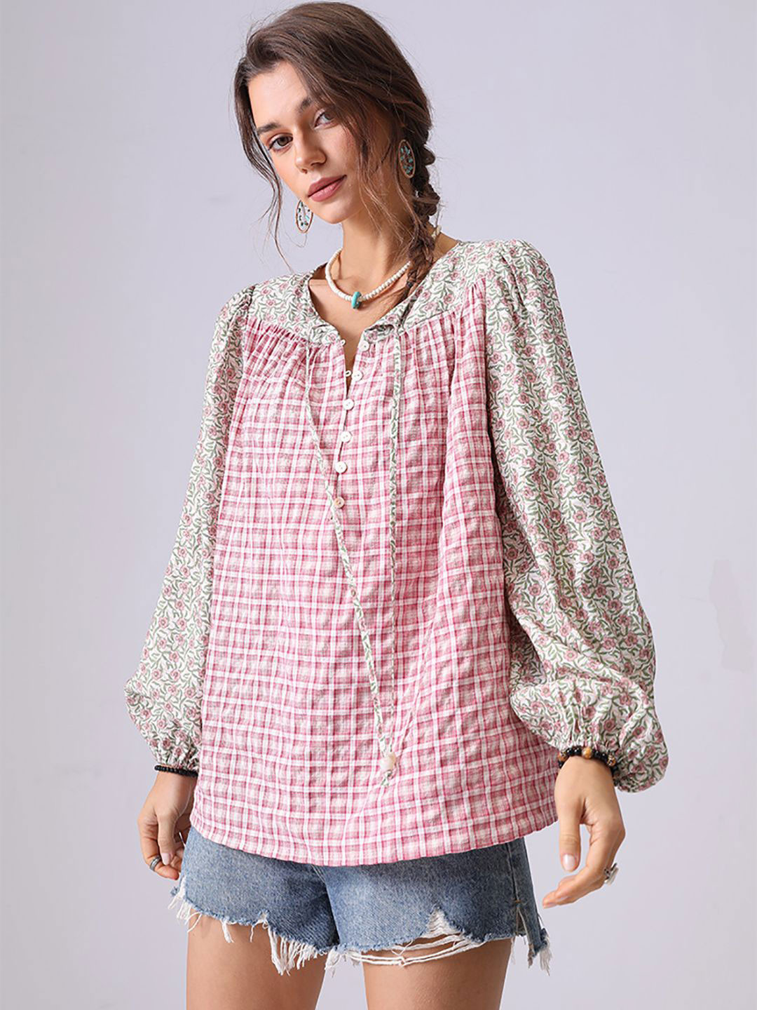 StyleCast Women Comfort Relaxed Fit Micro Ditsy Collarless Casual Shirt