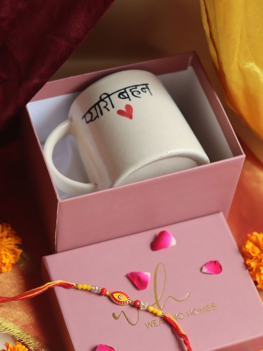 WEAVING HOMES Pyaari Behan White & Blue Printed Ceramic Mug 250ml With Rakhi