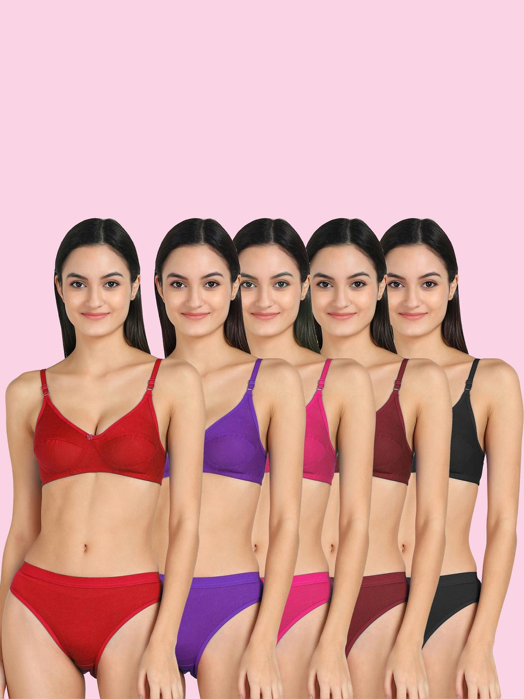 Women Red,Purple,Pink,Maroon,Black Cotton Bra Panty Set for Lingerie Set Undergarments Pack of 5