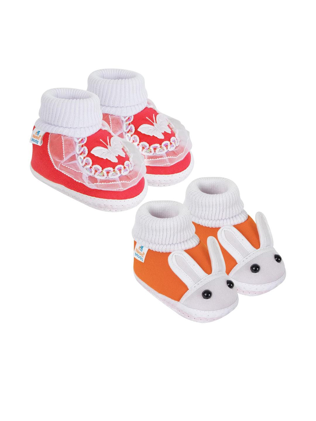 Neska Moda 12 To 18 Month NonSlip Set of 2 Pair Toddler Baby Unisex Soft Cotton Rabbit Face Booties (Toe to Heel Length - 13 cm, Orange, Red)
