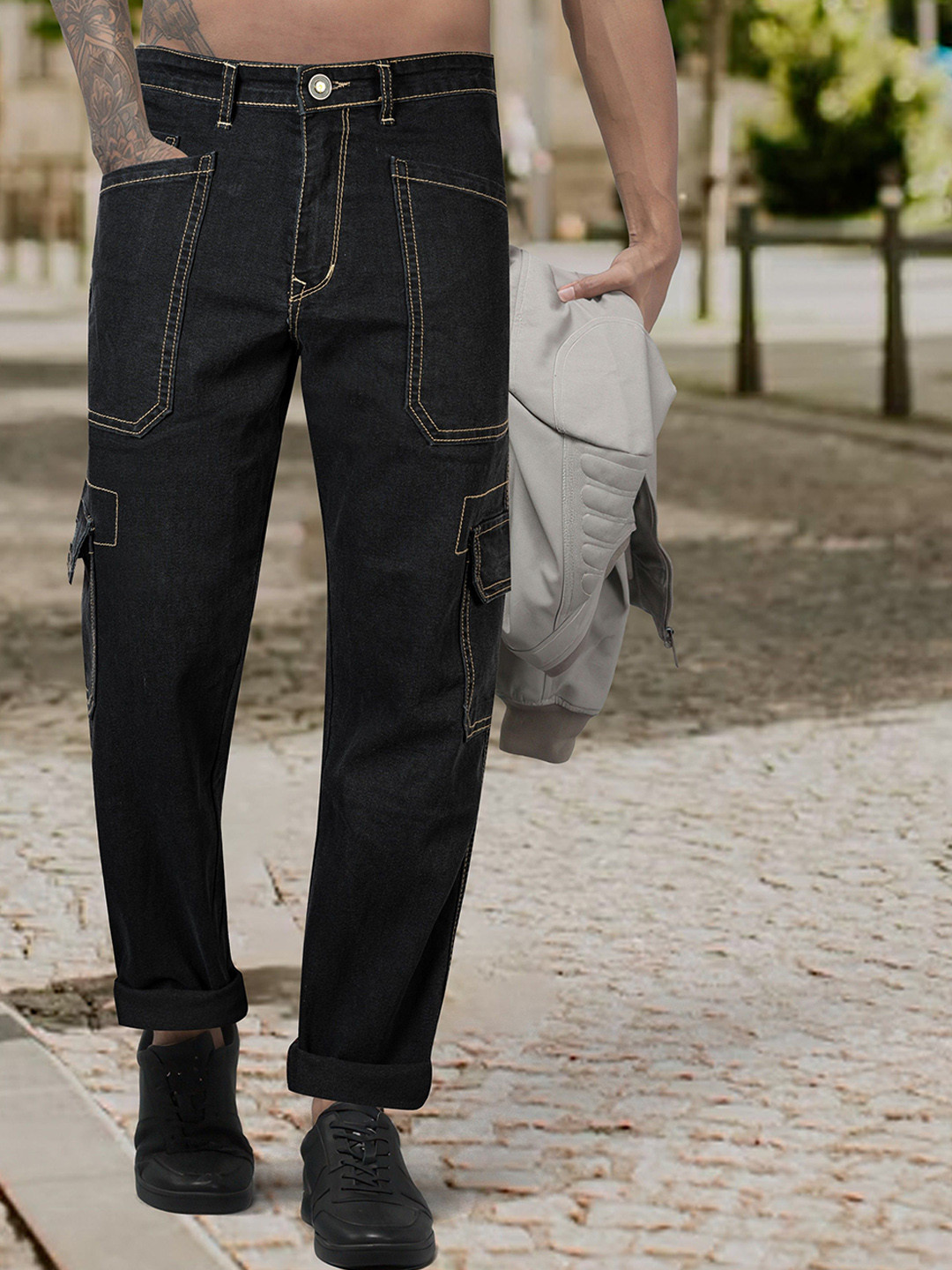 RIG BONE Men Loose Relaxed Fit Mid-Rise Stretchable Cargo Styles Denim Jeans