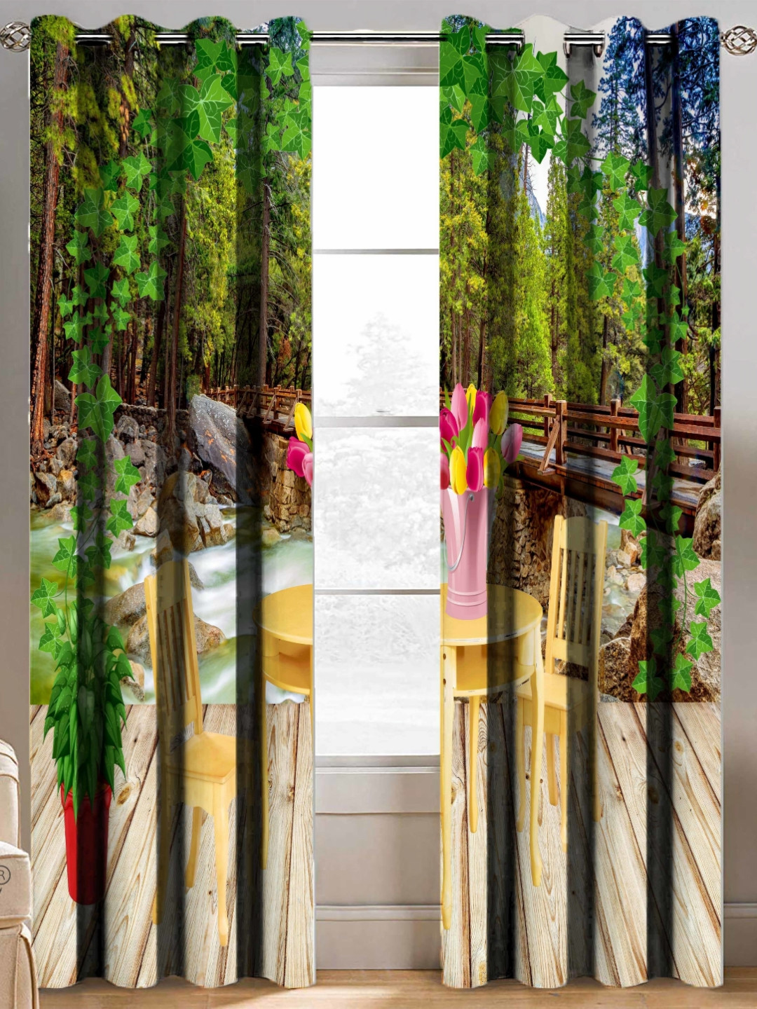 BELLA TRUE Cream-Coloured & Green 2 Pieces Abstract Printed Black Out Window Curtains