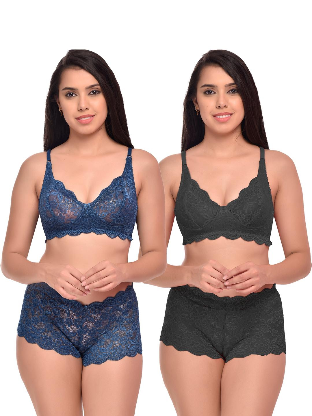 Women Blue,Black Net Bra Panty Set for Lingerie Set Undergarments Pack of 2