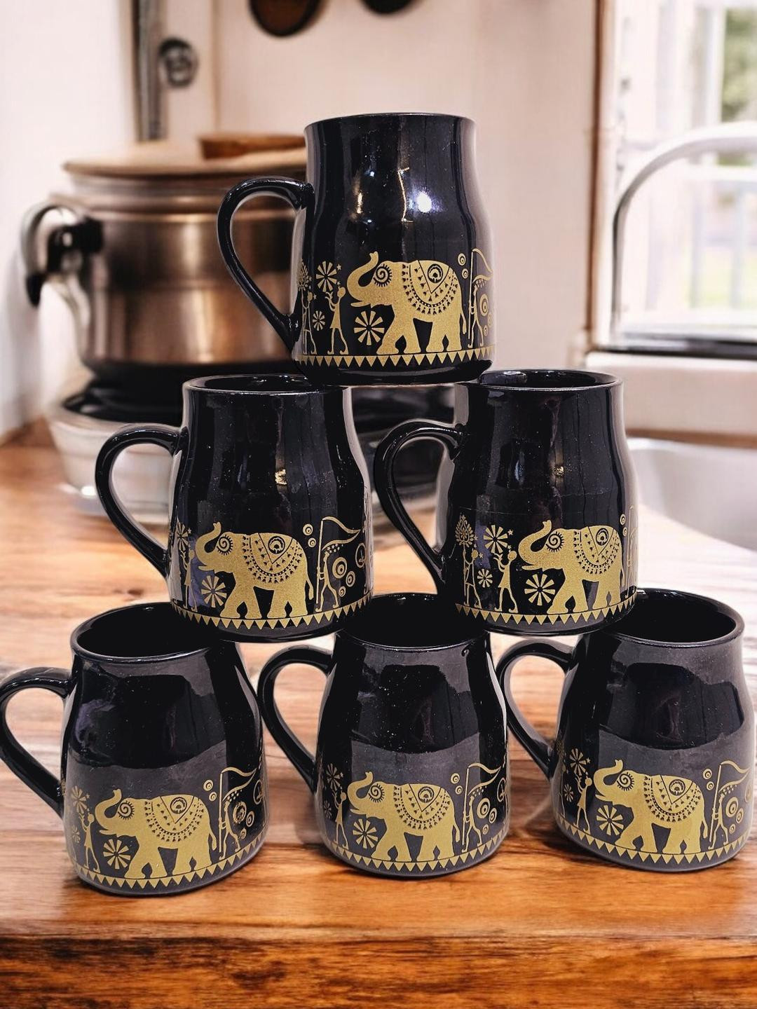 Black Gold Series Handprinted Ceramic Tribal Procession Mug, For Tea & Coffee Cups, 150ml (Set of 6)
