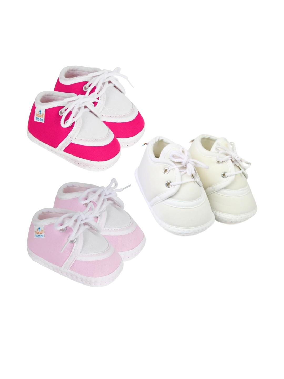 Neska Moda 6 To 12 Months 3 Pair Combo Skin Friendly Soft Cotton Lace Shoes/ Booties (Toe to Heel Length - 12 cm, Baby Pink, White, Rani)