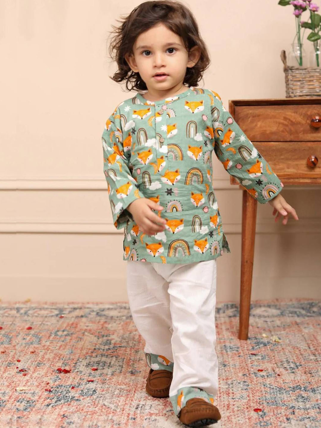 Polka Tots Boys Wolf Printed Mandarin Collar Pure Cotton Kurta With Trouser