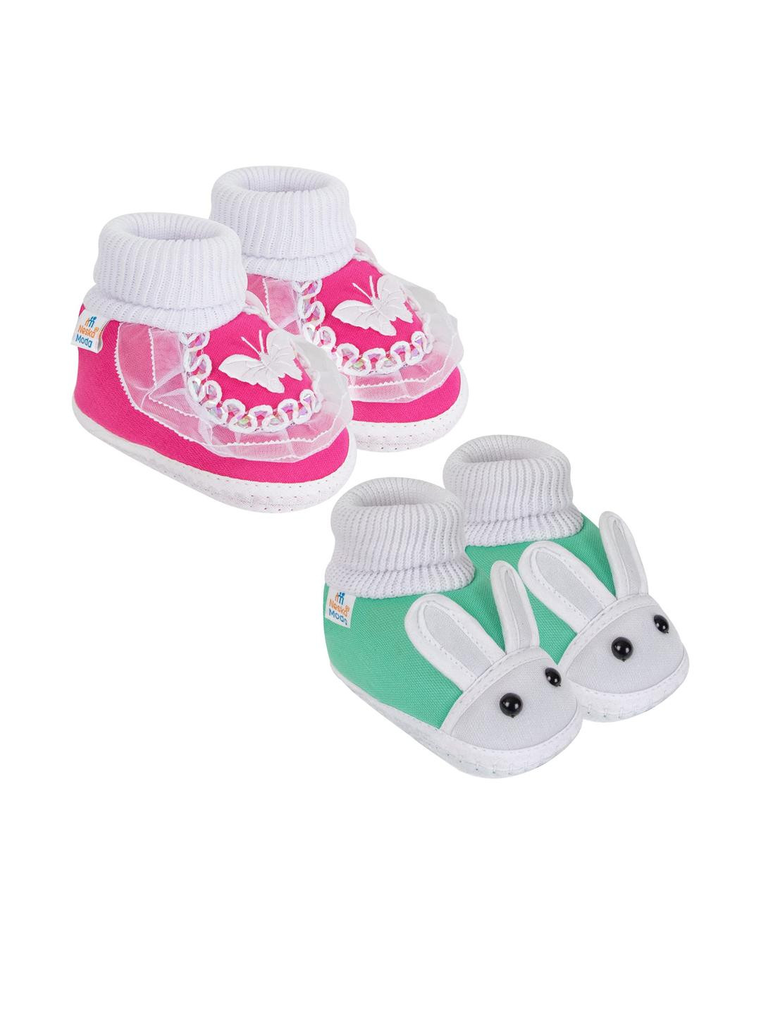 Neska Moda 3 To 12 Month Cotton Booty 2 Pair Newborn Unisex Baby Skin Friendly Soft Rabbit Booties (Toe to Heel Length - 12 cm, Mint, Rani)