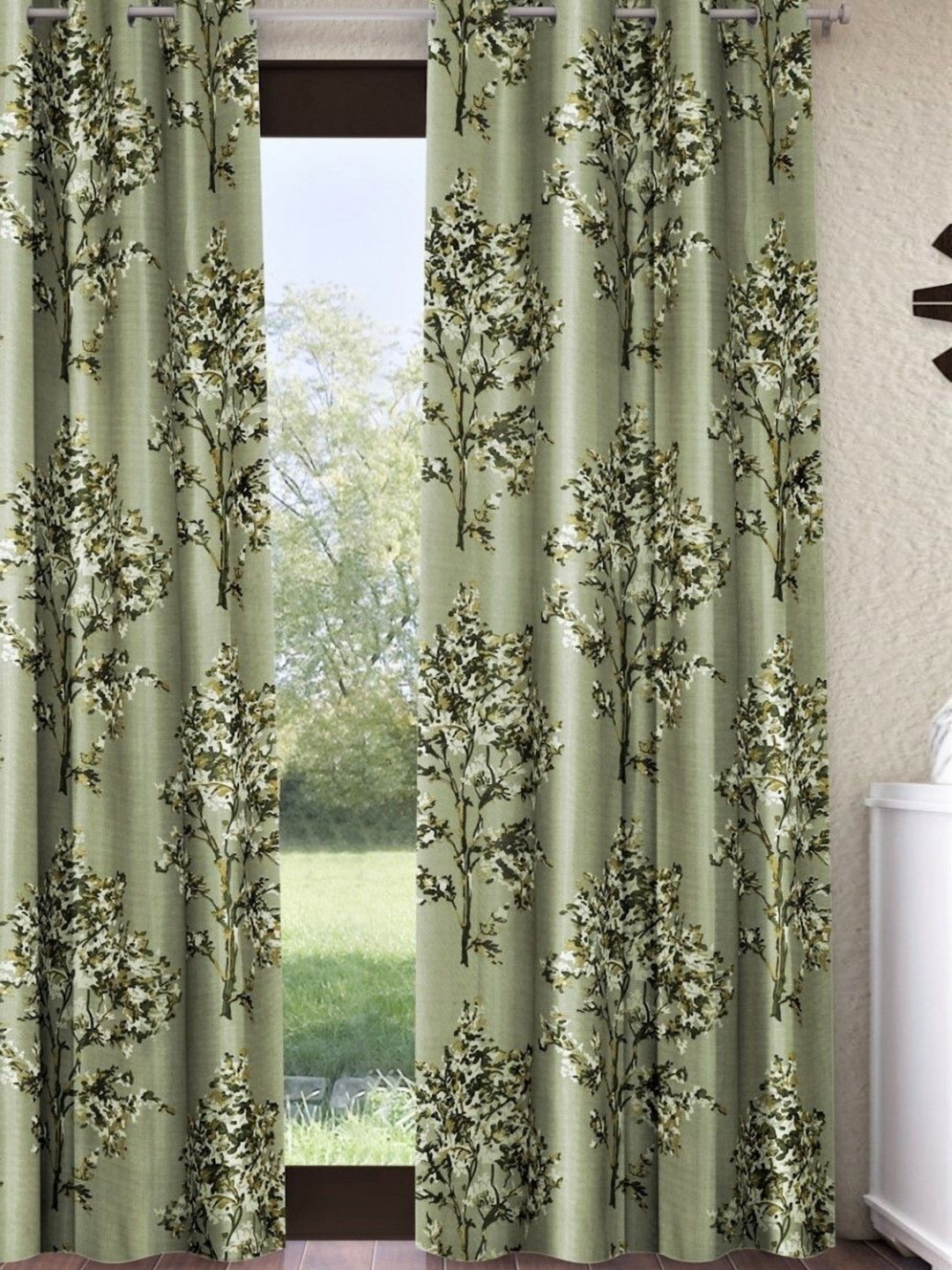 BELLA TRUE Green & White Floral Printed Semi Transparent Long Door Curtains