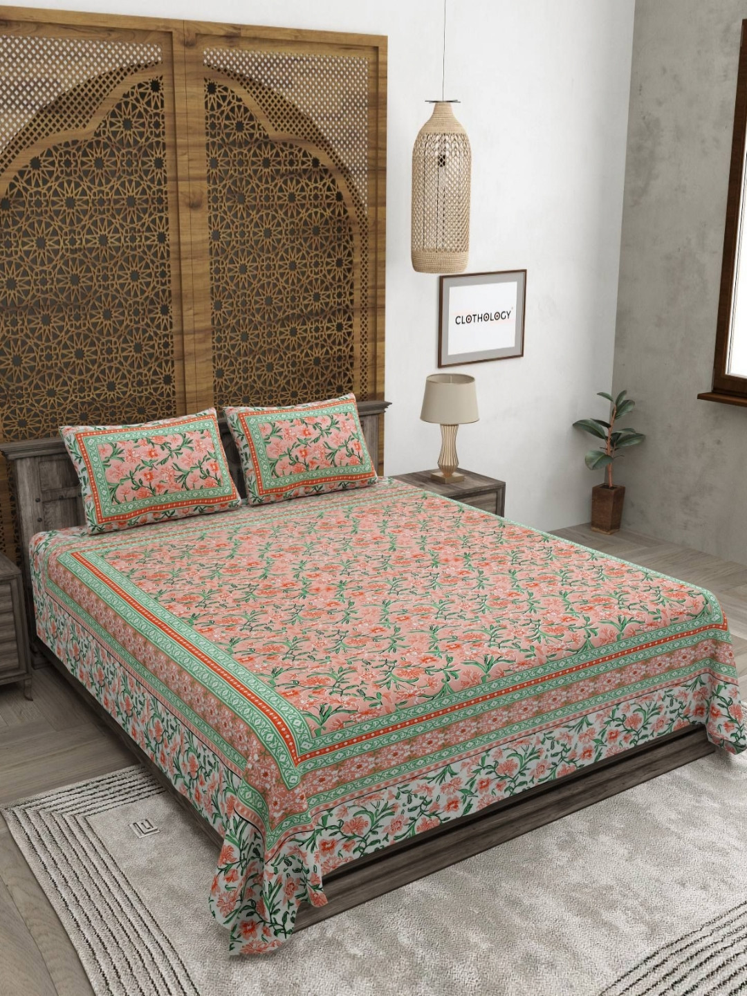 CLOTHOLOGY Coral Pink Sanganeri Motif The Gulzar Edit 180 TC Cotton King Bedsheet with 2 Pillow Cover