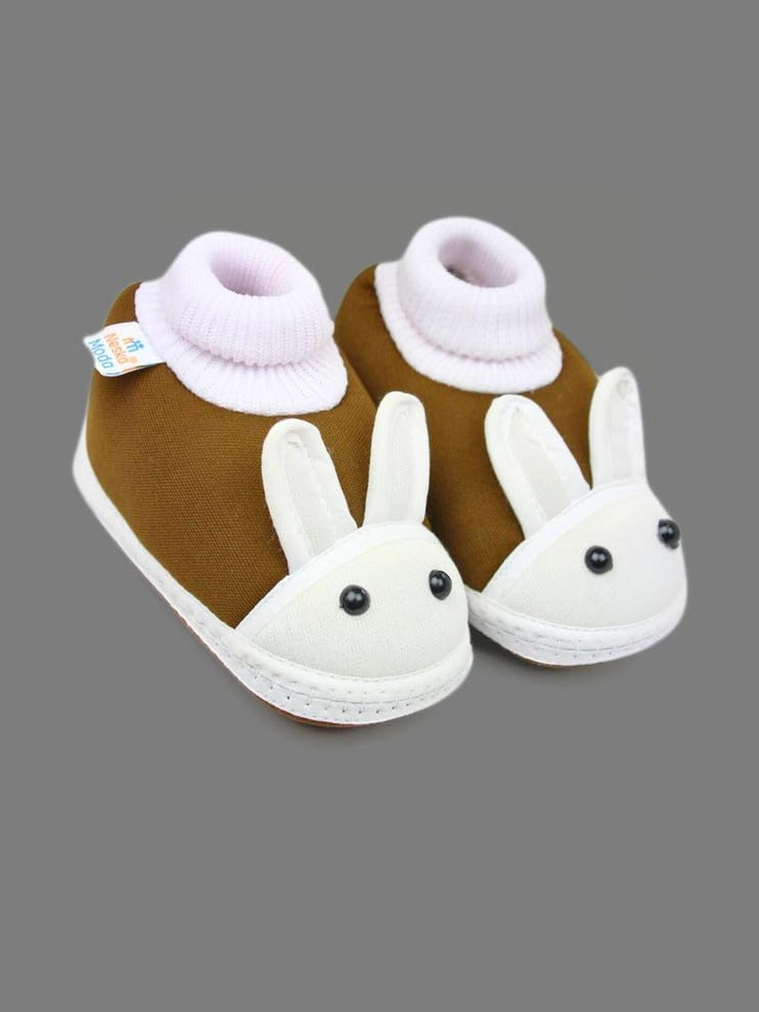 Neska Moda 3 To 12 Months Baby Boys & Baby Girls Cute Soft Cotton Pre-Walker Rabbit Face Booties (Toe to Heel Length - 12 cm, Brown. White)