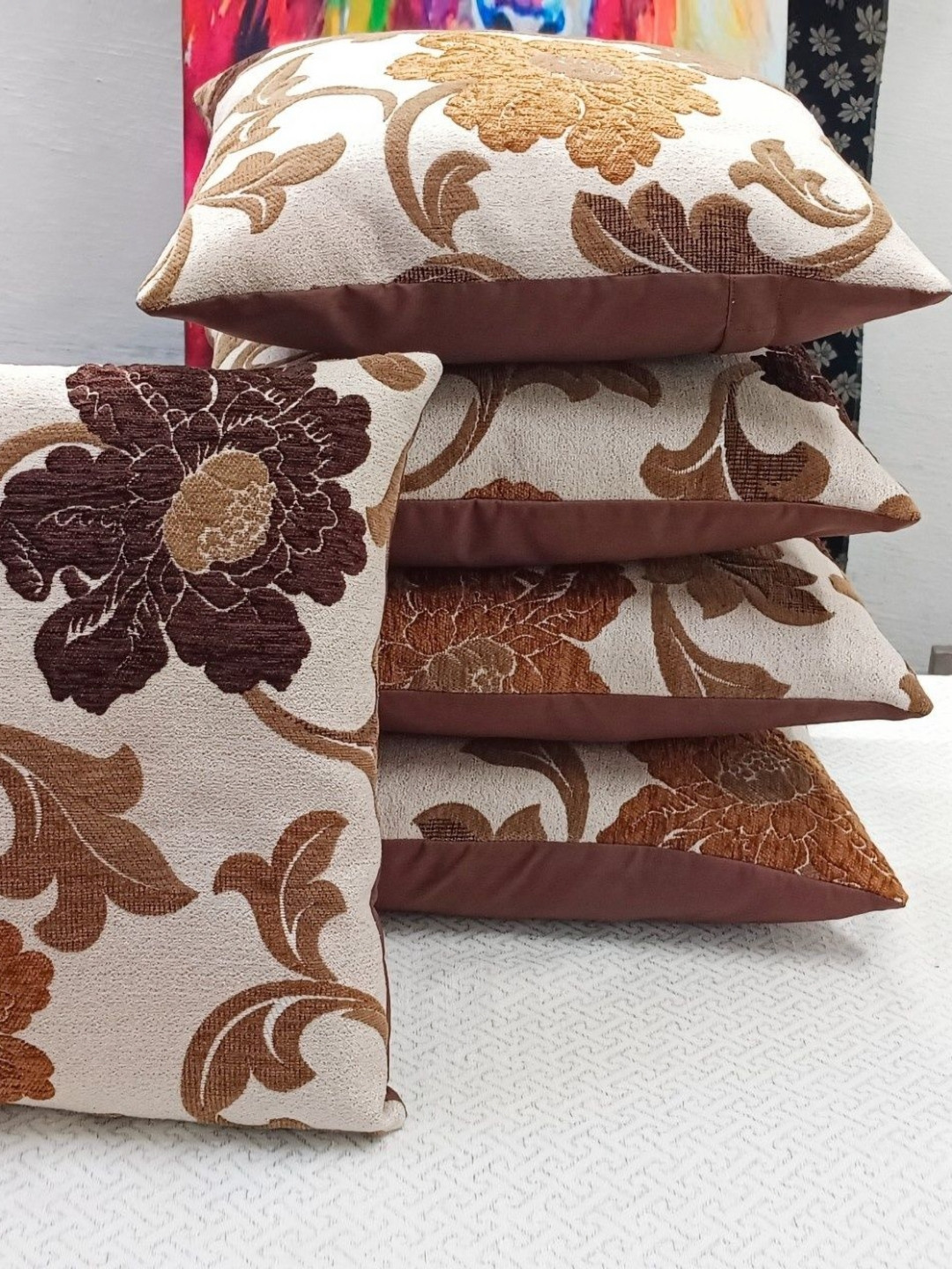 Real Desi Brown & White 5 Pieces Floral Printed Square Cushion Covers