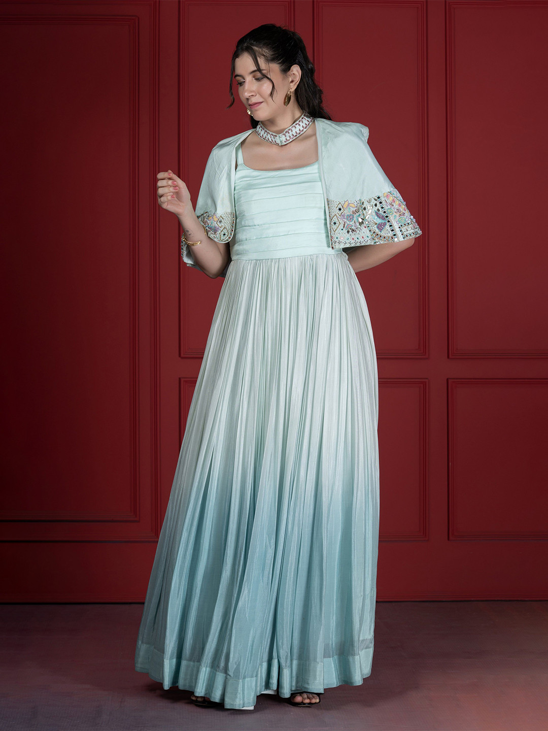 GloballyRonakRBafna Women Embellished Pleated Cape Style Gown Dress With a Jacket