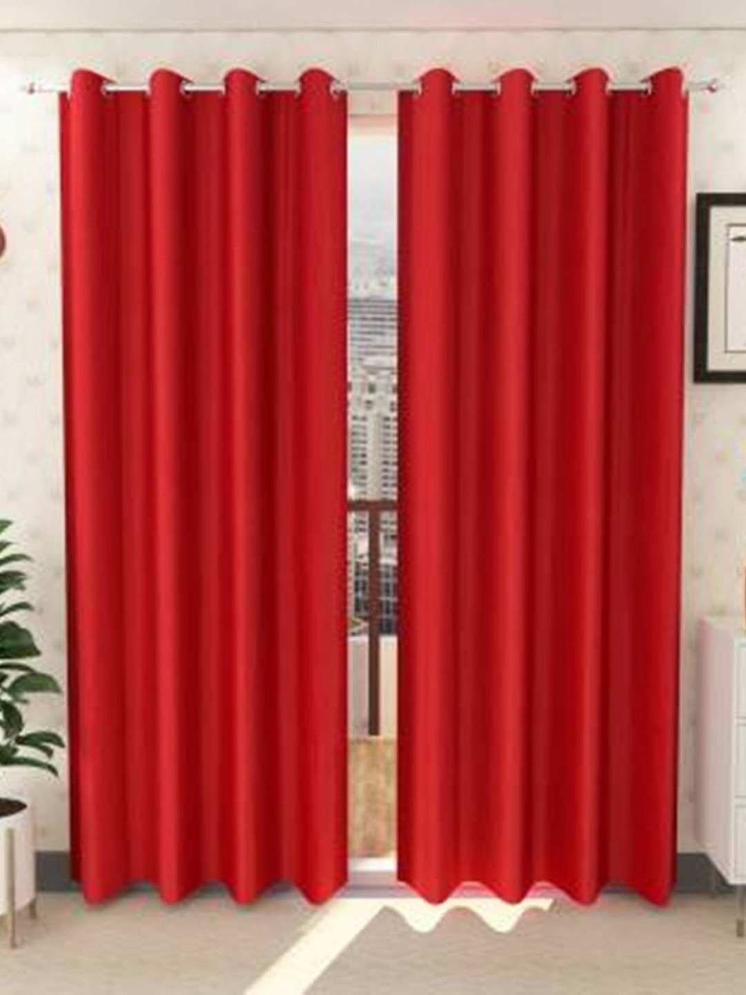 BELLA TRUE Red 2 Pieces Semi Transparent Door Curtains