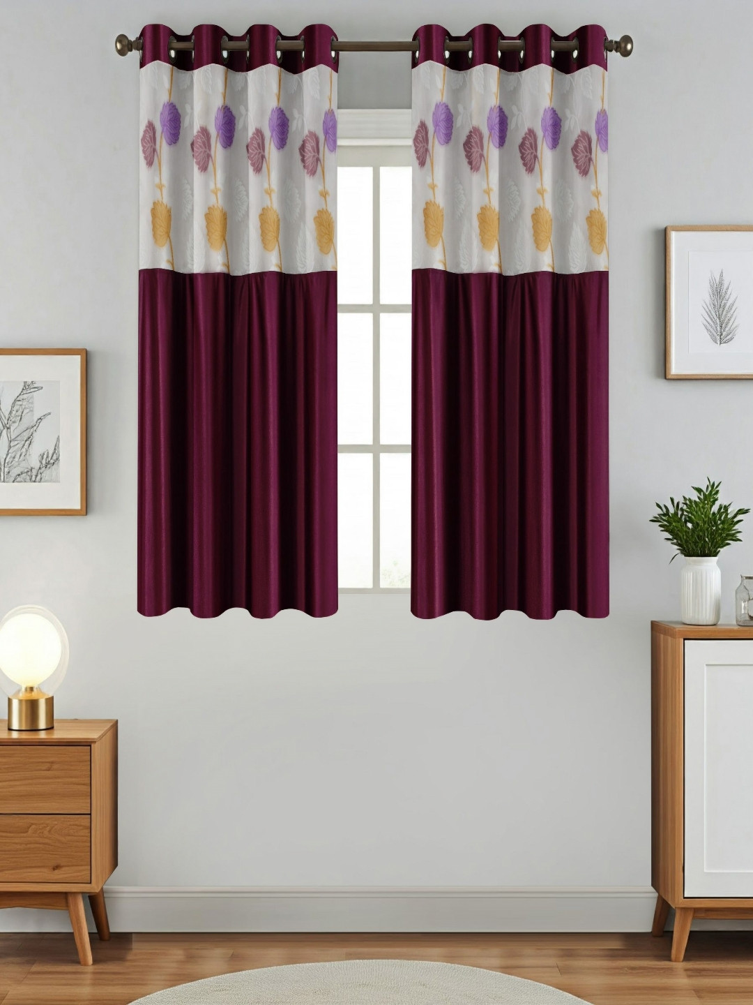 Aura Purple And White 2 Pieces Floral Printed Sheer Window Curtains