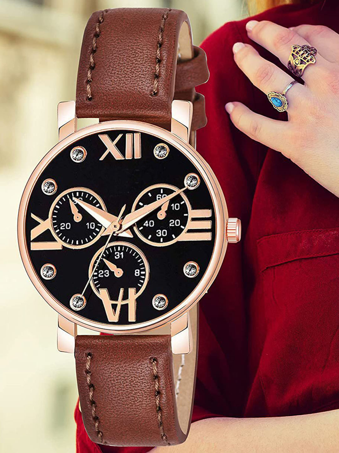 Gopal Shopcart Unisex Embellished Analogue Watch - C36RG MINABLK BRO Leather