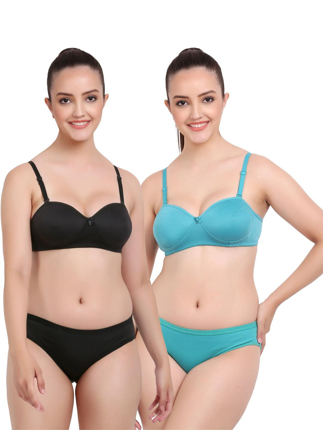 Women Black,Dark Blue Cotton Bra Panty Set for Lingerie Set Undergarments Pack of 2