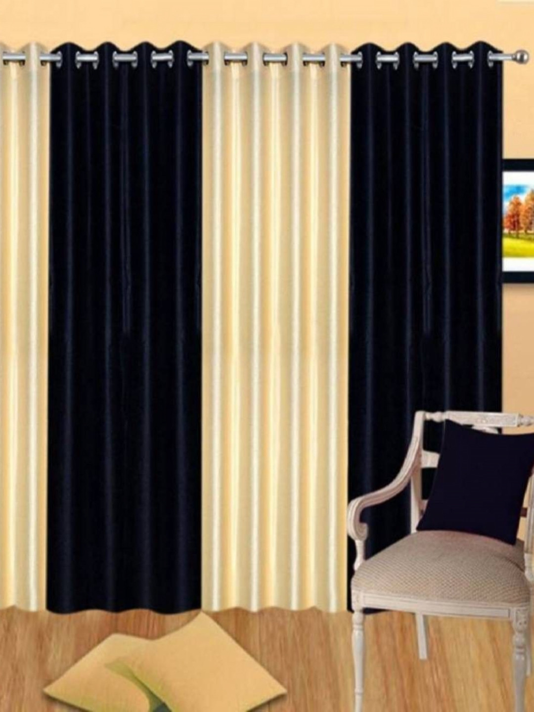 BELLA TRUE Gold-Toned & Blue 4 Pieces Semi Transparent Window Curtains