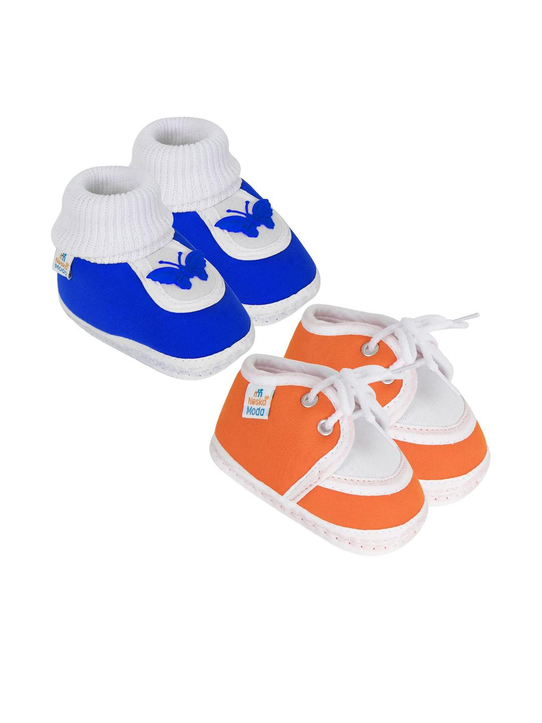 Neska Moda 3 To 12 Month 2 Pair Newborn Unisex Baby Skin Friendly Soft Cotton Lace Shoe Booties (Toe to Heel Length - 12 cm, Orange,Blue)