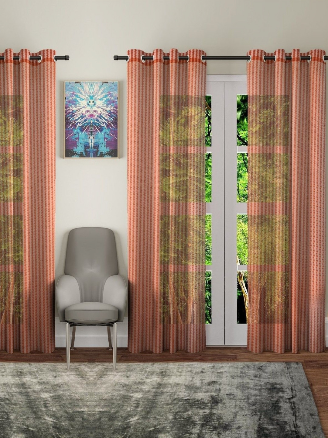 BELLA TRUE Rust 4 Pieces Striped Eyelet Fitted Window Curtains