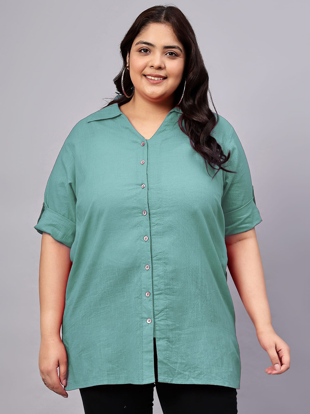 Indietoga Women's Plus Size Solid Roll-Up Sleeves Cotton Longline Shirt Top