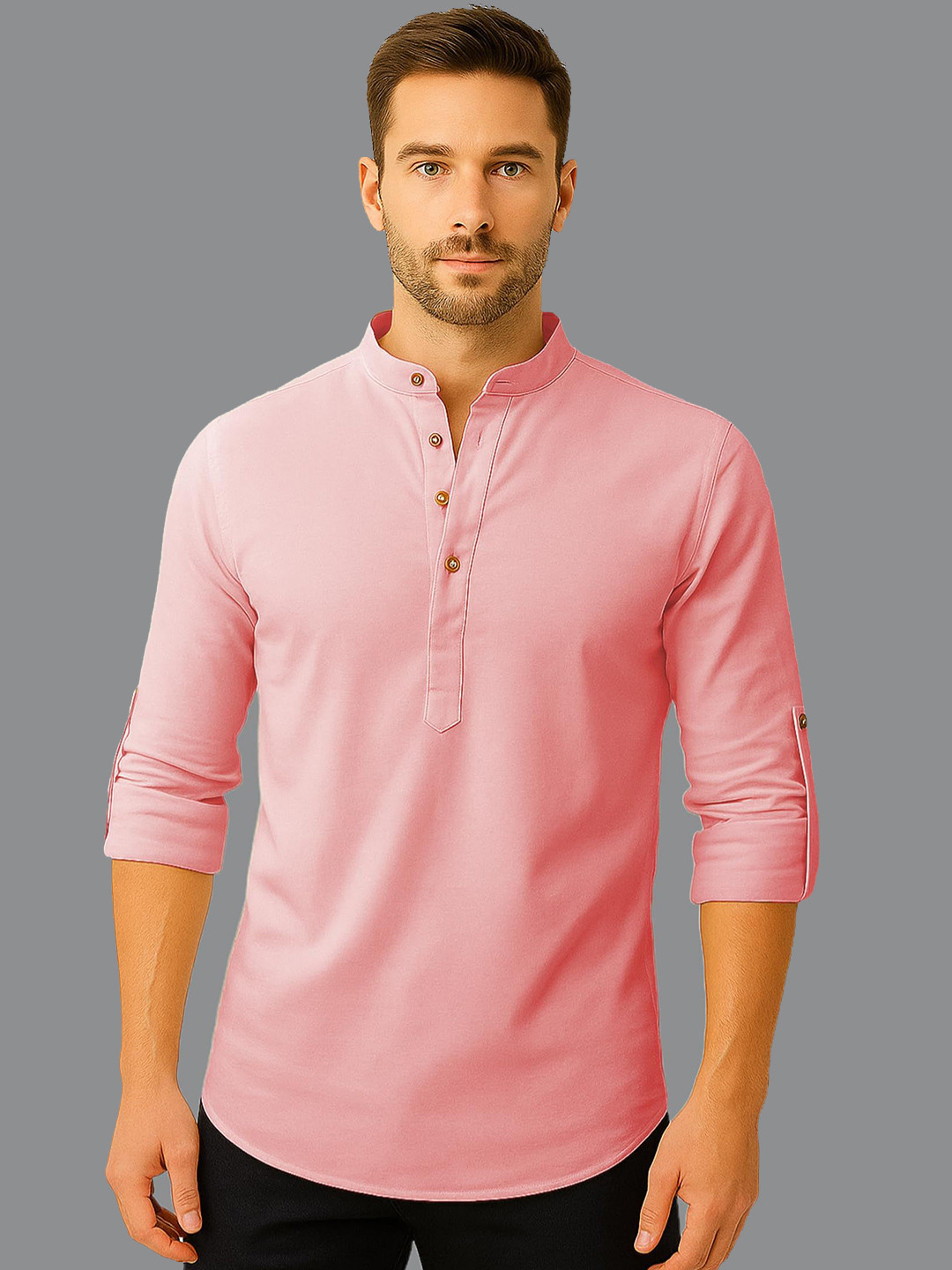 Vida Loca Band Collar Roll-Up Sleeves Cotton Straight Kurta