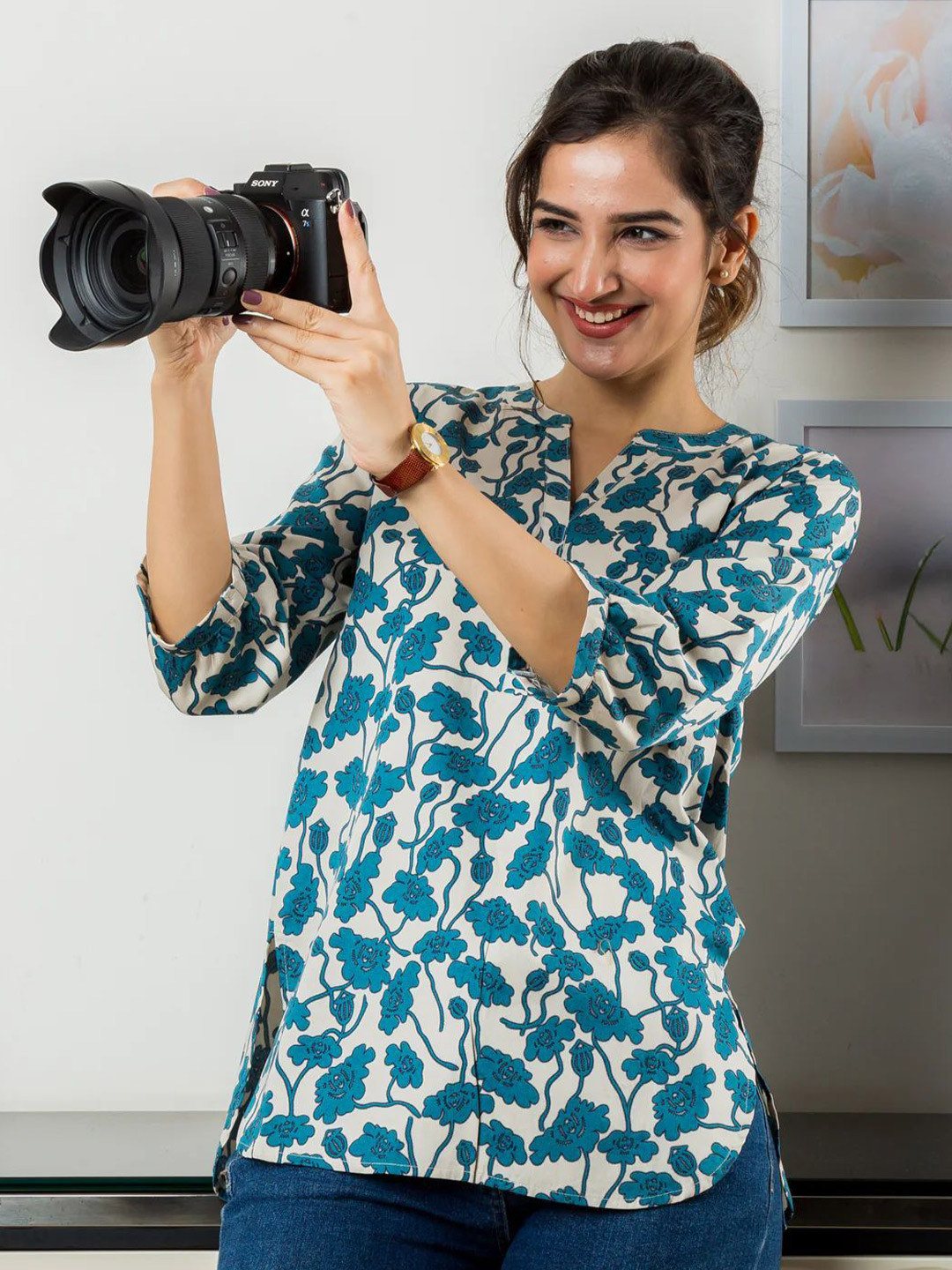 JEMCY Women Floral Print Regular Sleeves Cotton Top