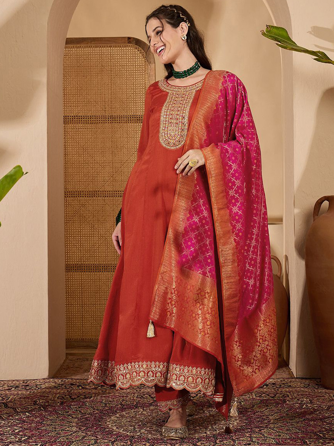Sangria Floral Yoke Design Panelled Zari Anarkali Kurta With Trouser And Dupatta