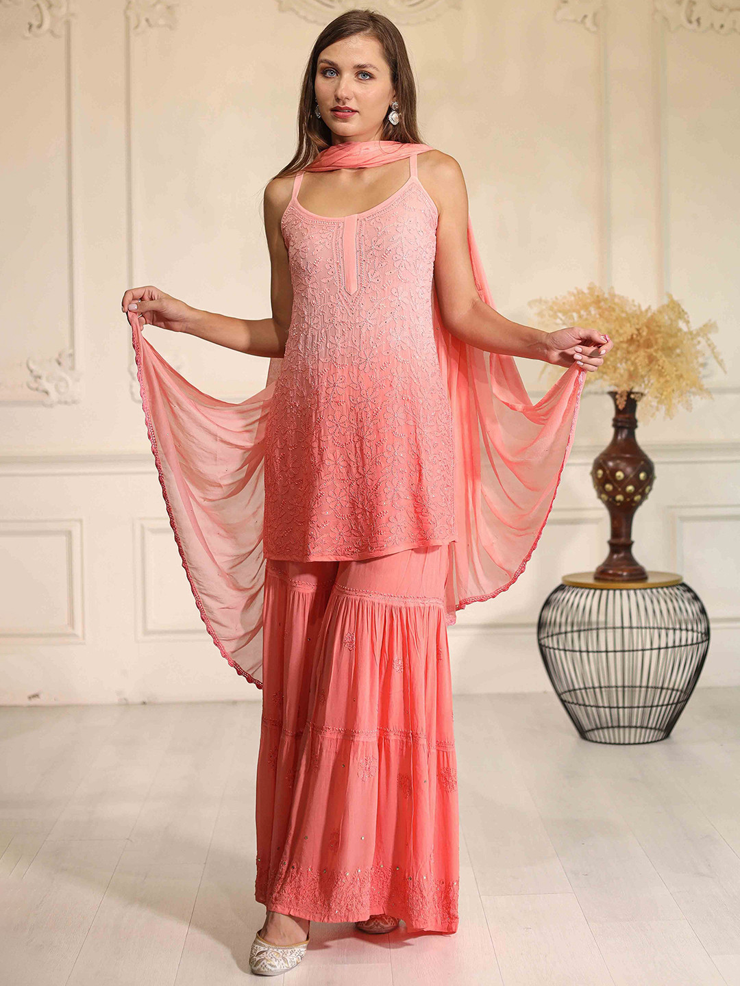 ILLICA Chikankari Embroidered Sleeveless Kurta With Sharara And Dupatta