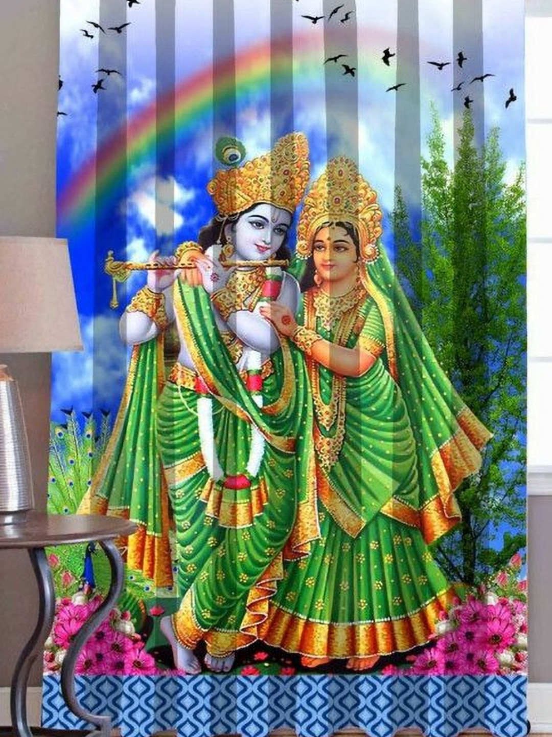 BELLA TRUE Green & Blue Radha Krishna Printed Room Darkening Door Curtain