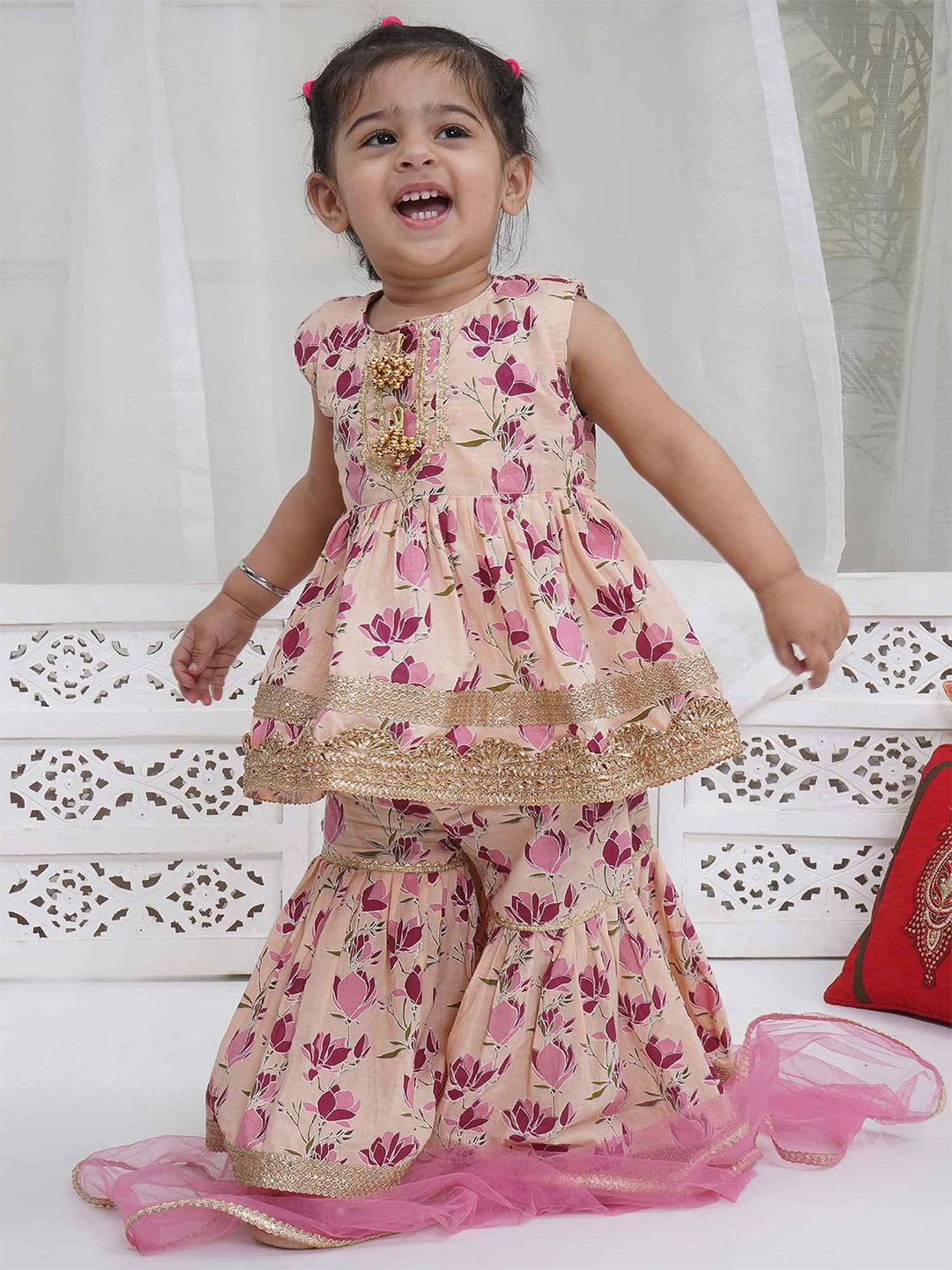 Little Bansi Girls Cotton Sleeveless Kurta Lace Tussel Work with Sharara & Dupatta-Peach