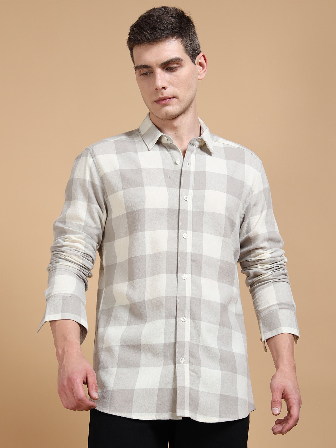 StitchX Men's Grey Taupe Slim Fit Brushed Cotton Buffalo Checkered Shirt