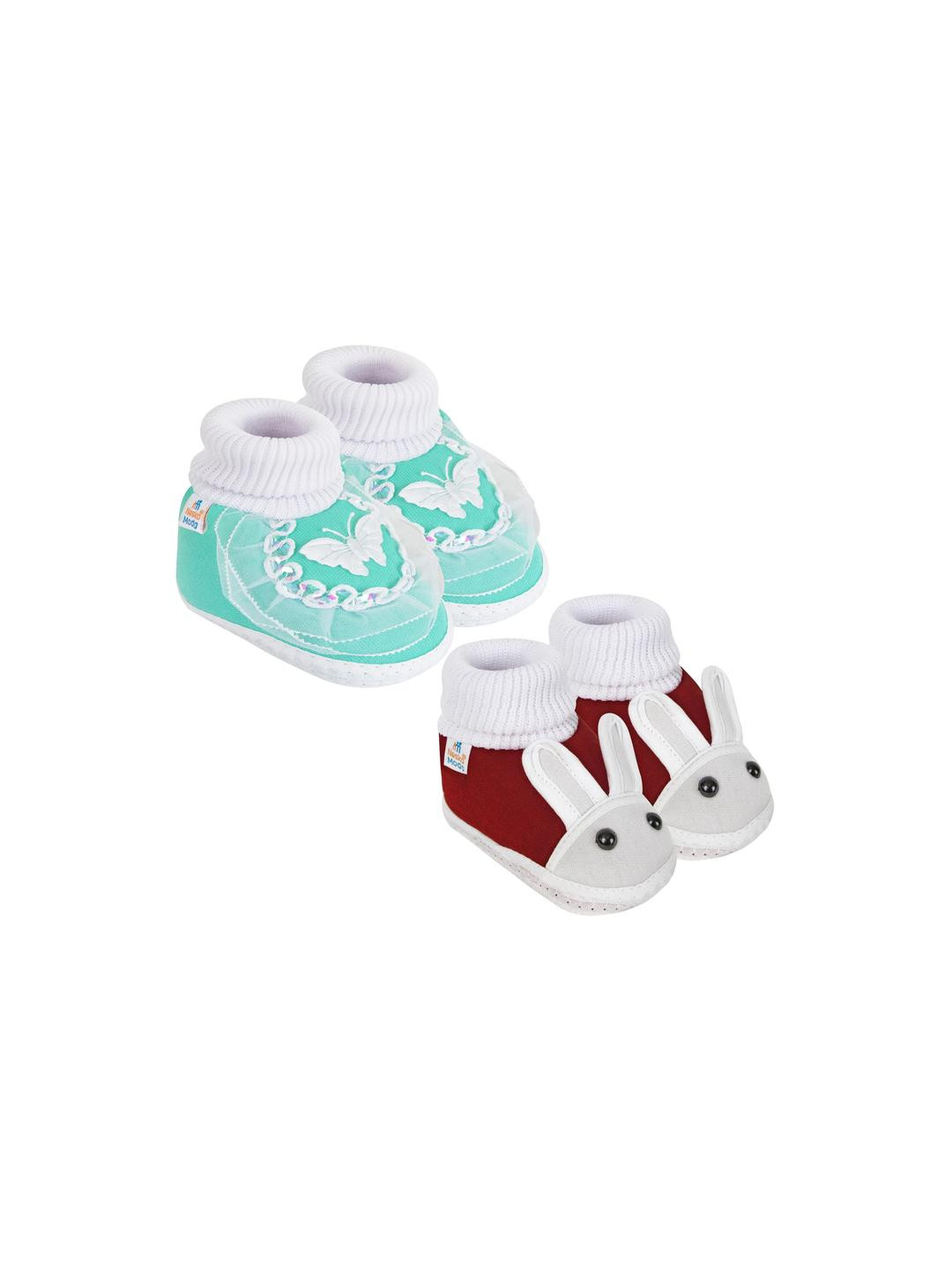Neska Moda 12 To 18 Month NonSlip Set of 2 Pair Toddler Baby Unisex Soft Cotton Rabbit Face Booties (Toe to Heel Length - 13 cm, Maroon, Mint)
