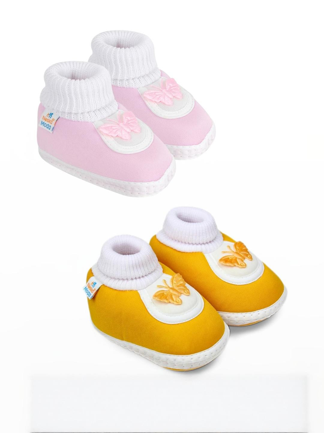 Neska Moda 3 To 12 Month 2 Pair Set Newborn Unisex Baby Skin Friendly Soft Cotton Butterfly Booties (Toe to Heel Length - 12 cm, Baby Pink, Turmeric)